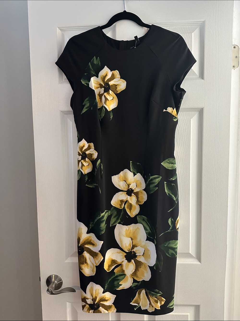 White House Black Market Black Midi Dress with Yellow Floral Design